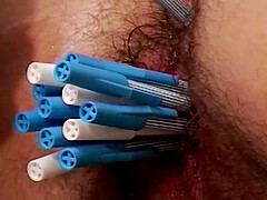 Skinny redhead milfs hairy bush tight asshole gets deep toyed with pens and rough anal fucked