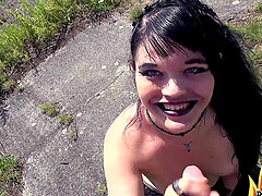 Horny brunette chick enjoys while getting fucked outdoors