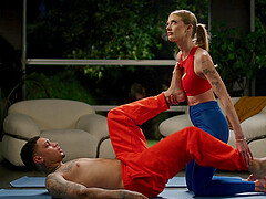 Blonde with long hair fucks a man and gets cum on her hair