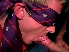 Blindfolded boy giving BJ at a college fraternity party