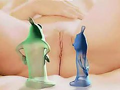 Blonde cutie gets fucked by funny animated condoms and a dildo