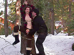 Getting tied up and slapped outside on a winter day