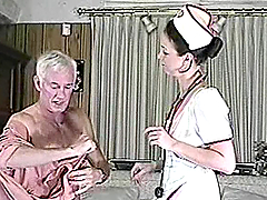 Filthy nurse is treating that old fart with her pussy