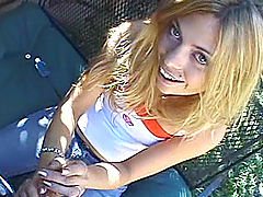 Nasty blonde gives a handjob to her BF in POV clip