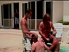 Horny gay guys in foursome fucking asshole by the pool