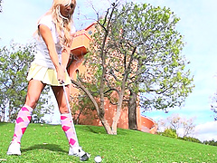 Sexy Blonde Babe Enjoying A Hardcore Cowgirl Style Fuck On A Golf Course