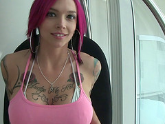 Pink-haired girl plays with her pussy and gets fucked