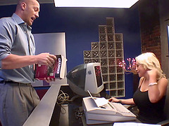 Slutty blonde receptionist greets him with a BJ and sex