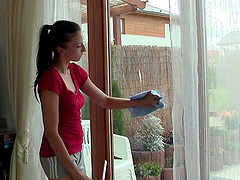 Window washing teen would much rather finger her pussy