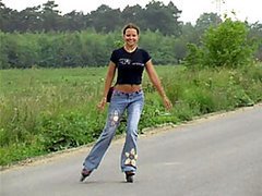 Roller Skating Cutie Masturbates With A Dildo In the middle Of The Road