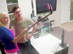 Blonde taking slutty selfies and fucking a guy at work