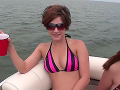 Dick craving chicks on a boat show off their perky tits