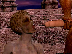 3D cartoon zombie babe getting double teamed outdoors
