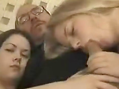 Fellow with glasses gets lucky with a couple of naughty chicks