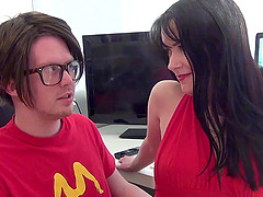Busty Tanya Fox is sucking the nerdy guy's cock with a great pleasure