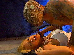 Blonde adventurer gets grabbed and fucked by an ugly monster in a cave