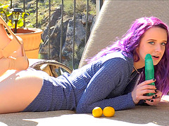 Purple-haired honey Jessica playing naughtily to tease the viewers