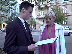 Busty blonde mature Margaux M. picks up a teen guy on the street