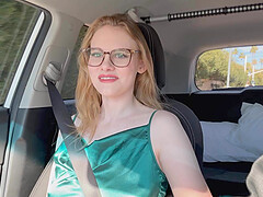 Sexy amateur Roni with glasses takes it all off in the car