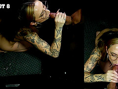 The sexy brunette babe Nina Nova makes a blowjob through the gloryhole