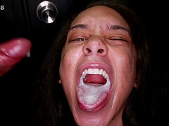 Girls sucking through a hole in the wall, swallowing cum in mouth