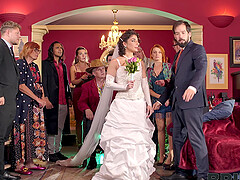 A hot bride is having fun with her new husband