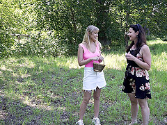 Two mature lesbian lovers are having fun outdoors with no shame