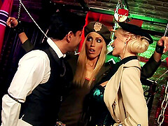 Super-naughty double penetration of super-naughty blondie's pucker by 2 mischievous guys in 4-way orgy.