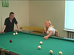 He beats the big tits milf at pool and gets to fuck her as his prize