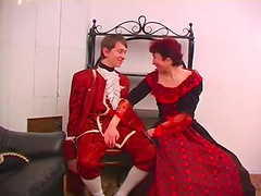 Radiant redhead in a fancy costume has her pussy penetrated doggy style after giving a blowjob